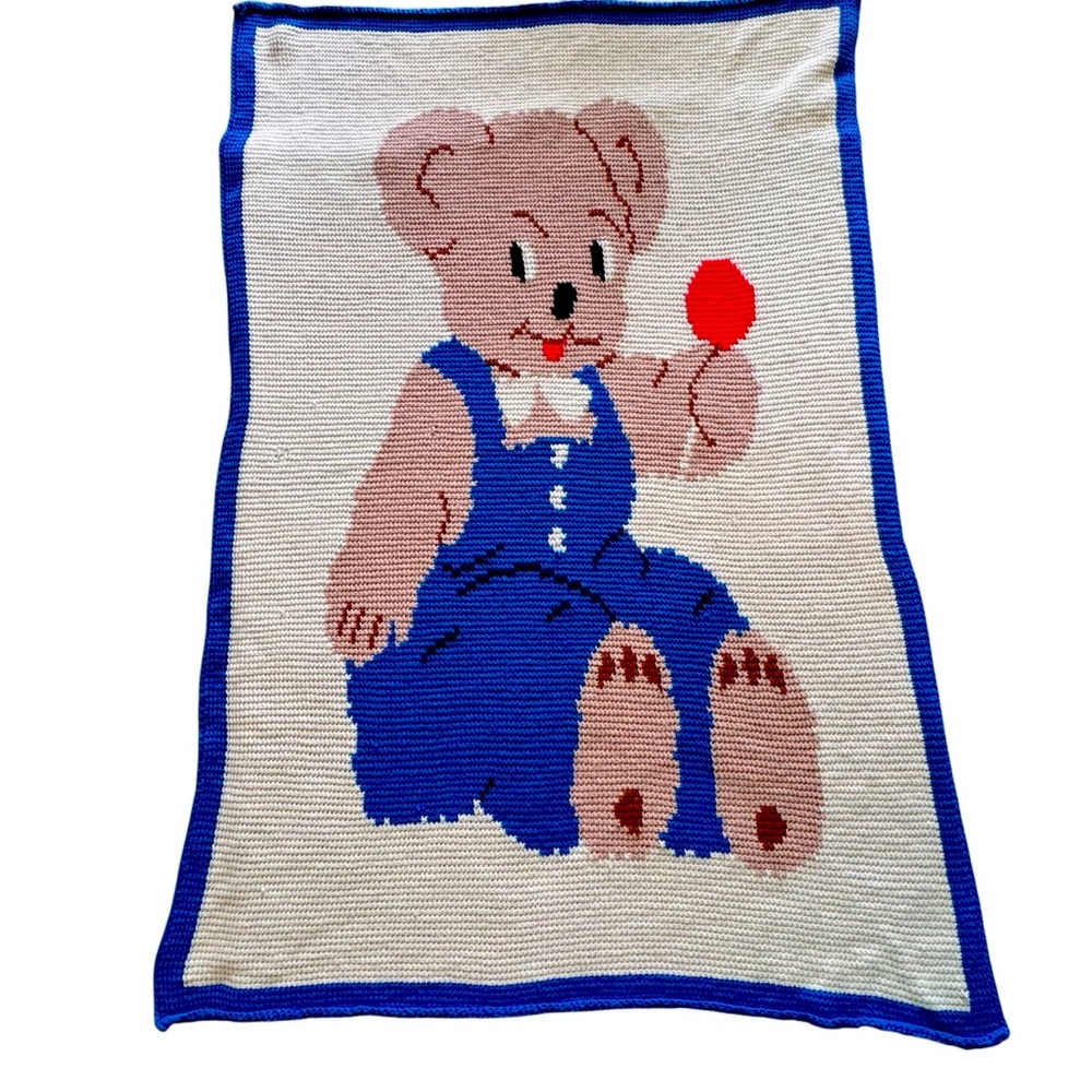 XL BABY AFGHAN LITTLE BEAR BLUE NURSERY KNITTED HANDMADE 74x52 ONE OF A KIND